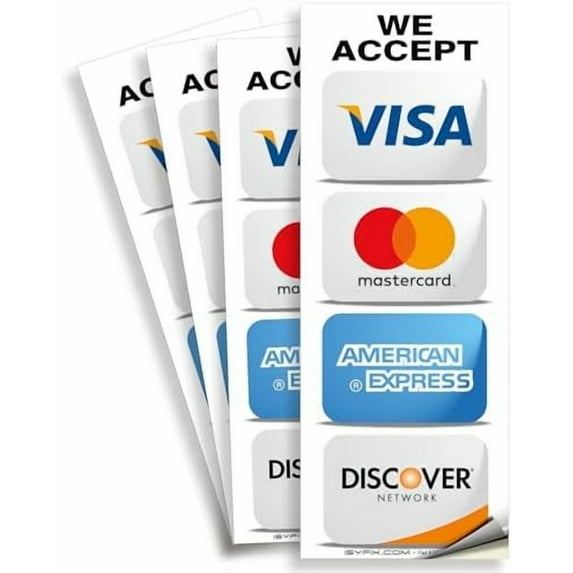 Credit Card Signs Stickers - 4 Pack 3-x 8- Inch - We Accept Visa, MasterCard, Amex & Discover, Premium Self-Adhesive Vinyl, Laminated, UV, Weather, Scratch, Water and Fade Resistance$$Other