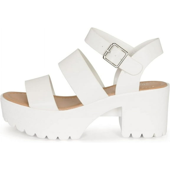 Credit- Women's Open Toe Double Band Ankle Buckle Block Heel Platform Lug Sole Sandal (White PU, 10)
