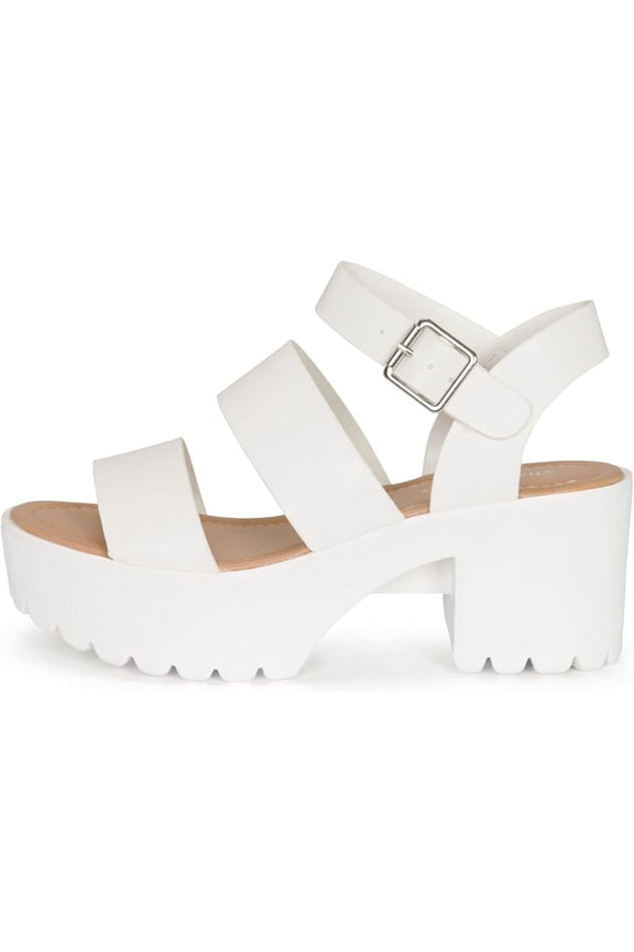 Credit- Women's Open Toe Double Band Ankle Buckle Block Heel Platform Lug Sole Sandal (White PU, 10)