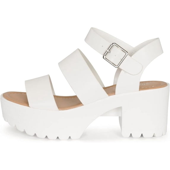 Chariot & Co. Credit - Women's Open Toe Double Band Ankle Buckle Block Heel Platform Sandal with Lug Sole(White PU, 8)