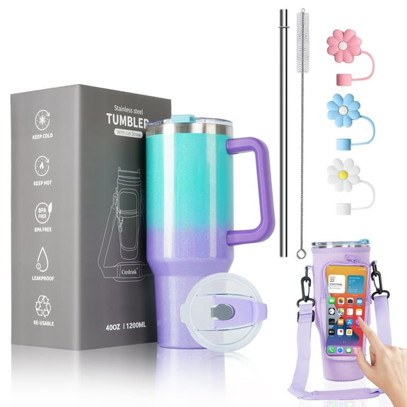 Credrink 40oz Triple-Layer Vacuum Insulated Stainless Steel Tumbler with Straw, Handle, and Shoulder Strap - Green and Purple Gradient, Leakproof, BPA Free