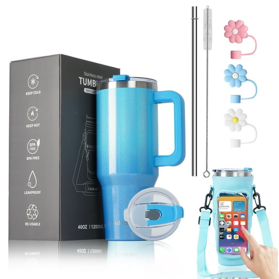 Credrink 40oz Triple-Layer Vacuum Insulated Stainless Steel Tumbler with Straw, Handle, and Shoulder Strap - Blue Gradient, Leakproof, BPA Free