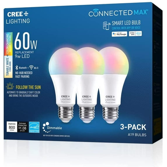 Cree Lighting Connected Max Smart Led Bulb A19 60W Tunable White + Color Changing, 2.4 Ghz, Compatible with Alexa and Google Home, No Hub Required, Bluetooth + WiFi, 3Pk