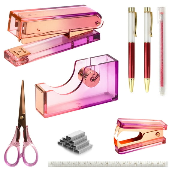Creechwa Red Purple Acrylic Desk Accessory Kit, Gradient 9PCS Desktop Stapler Set, Women Office Supply with Stapler, Staple Remover, Tape Dispenser, Scissors, 3 Pens, Staples, Ruler and Gift Box