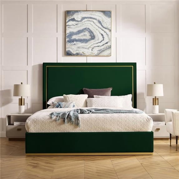 Creed Bed Hunter Green Velvet Queen Upholstered Powder Coated Gold Frame Base
