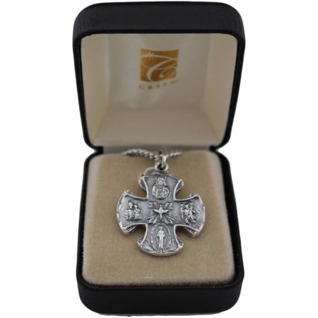 Creed Four Way Cross in Oxidized Silver on Rhodium Plated Chain, 1.25 inch Pendant, 24 inch Chain