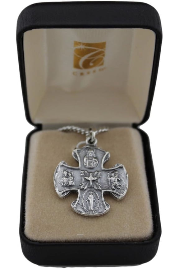 Creed Four Way Cross in Oxidized Silver on Rhodium Plated Chain, 1.25 inch Pendant, 24 inch Chain
