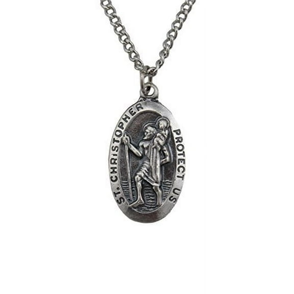 Creed Silver Tone St. Christopher Protect Us Medal, Rhodium-Plated Chain, 24-Inch