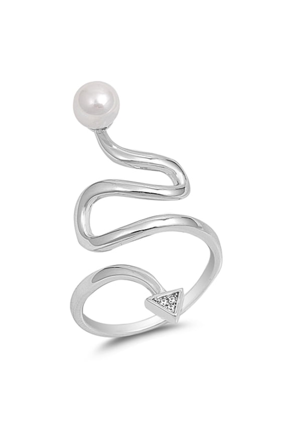 Creeked Arrow Simulated Pearl Cubic Designer Ring Sterling Silver 925