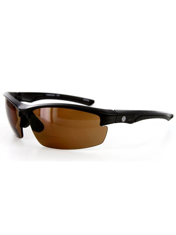"Creekside" Polarized Bifocal Wrap-Around Sunglasses Color: Matte Black w/ Amber Lens, Power: 1.5