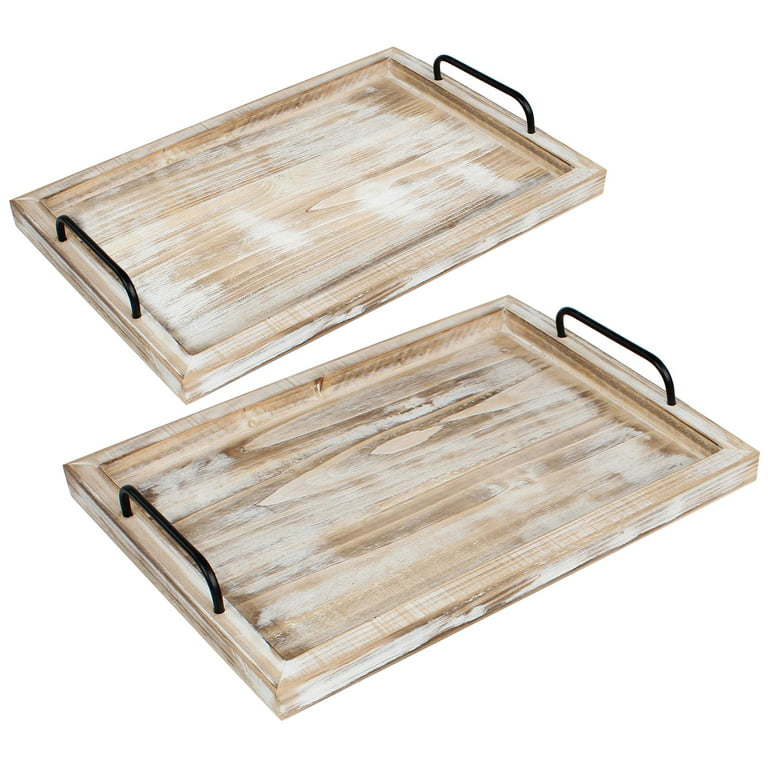 Natural Wood Narrow Flat Tray with 2 Metal Handles