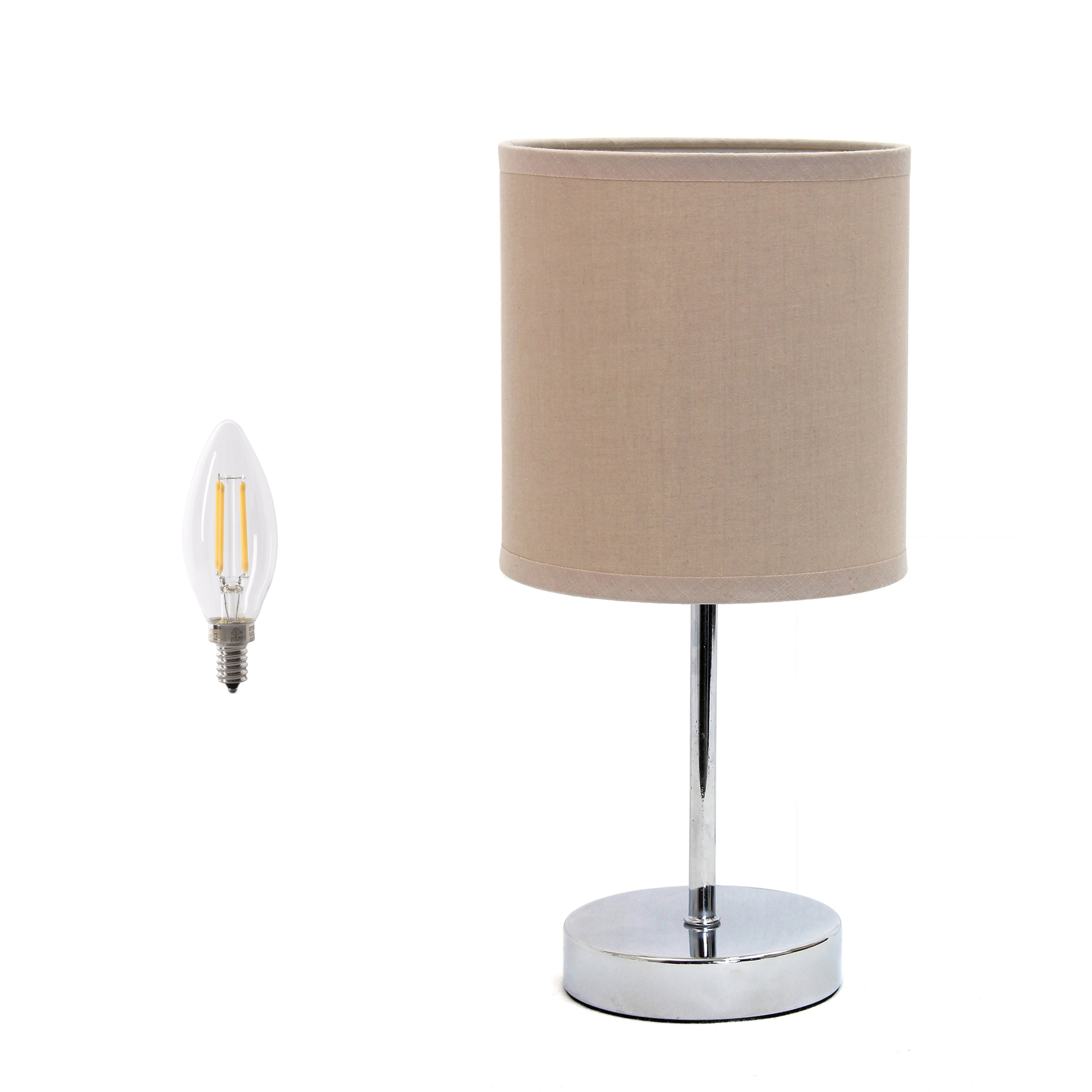 Creekwood Home 11.81" Chrome Petite Metal Stick Table Lamp with LED Bulb, Gray Beige Shade