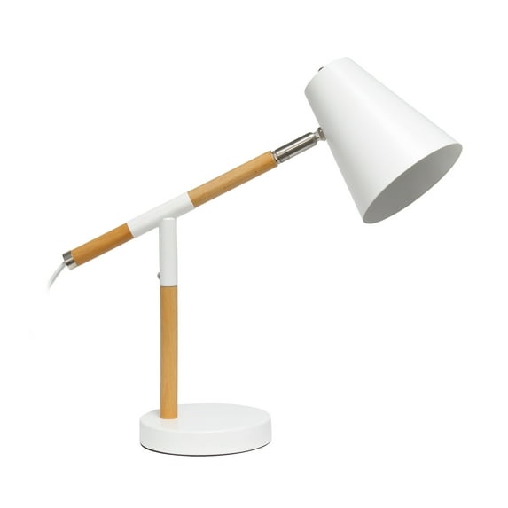 Creekwood Home 15.5" Nordic Adjustable Wood Arm Desk Lamp, Modern Table Light For Office, Bedroom, Or Living Room ,Matte White Metal Shade