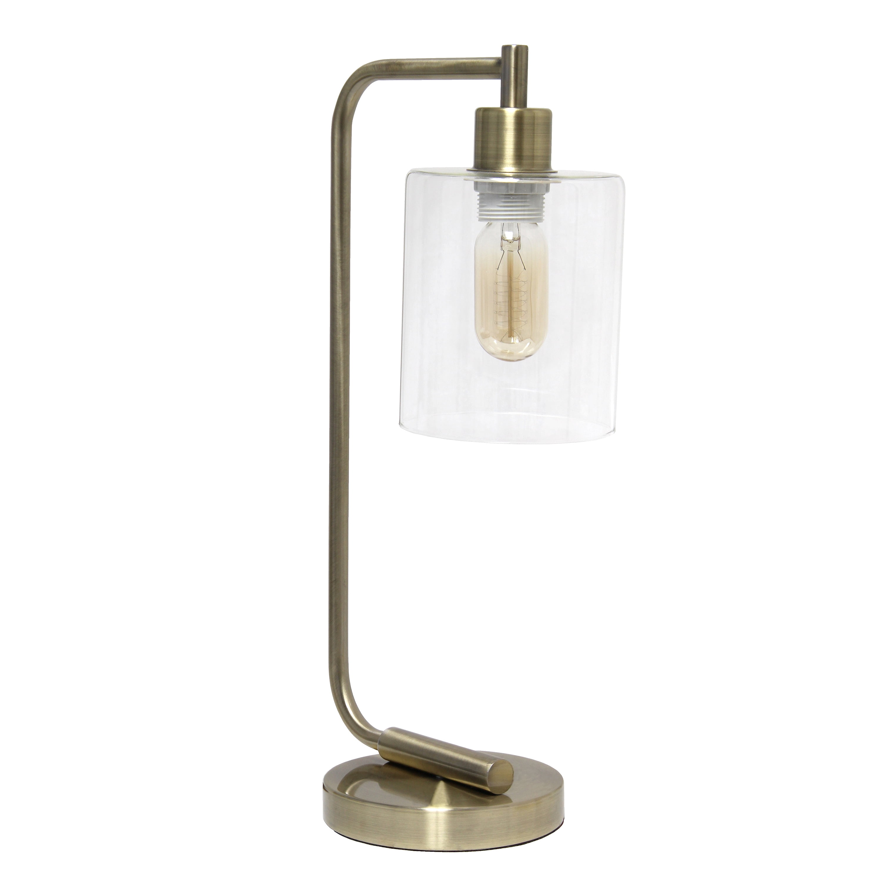 Creekwood Home 18.8" Vintage Industrial Curved Arm Desk Lamp & Glass Shade, Antique Brass
