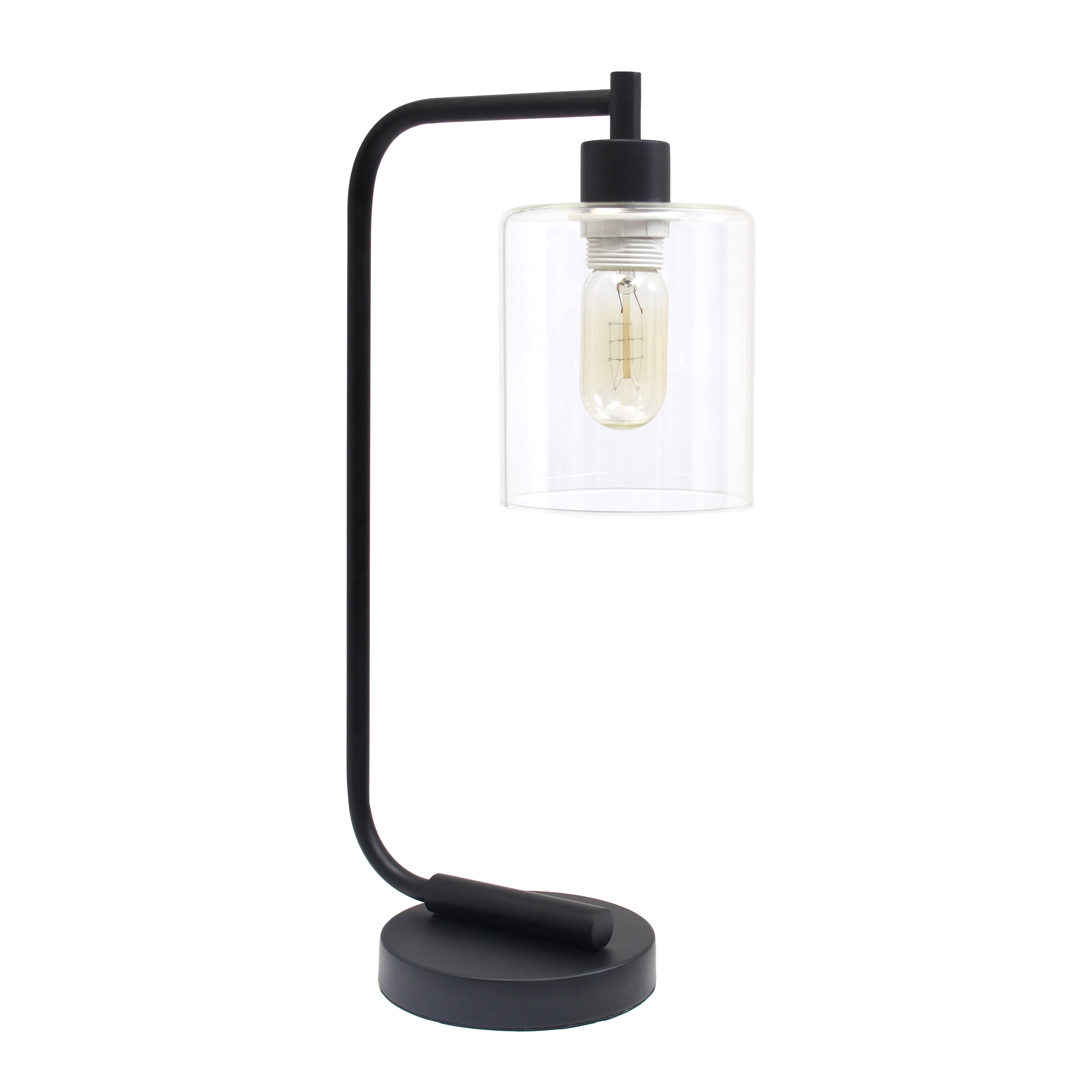 Creekwood Home 18.8" Vintage Industrial Curved Arm Desk Lamp with Clear Glass Shade, Black