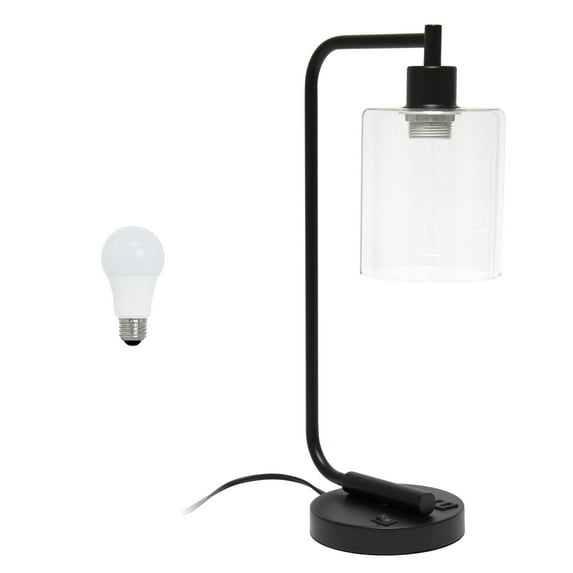 Creekwood Home 18.8" Vintage Industrial Curved Desk Lamp w/ USB Ports & LED Bulb, Black