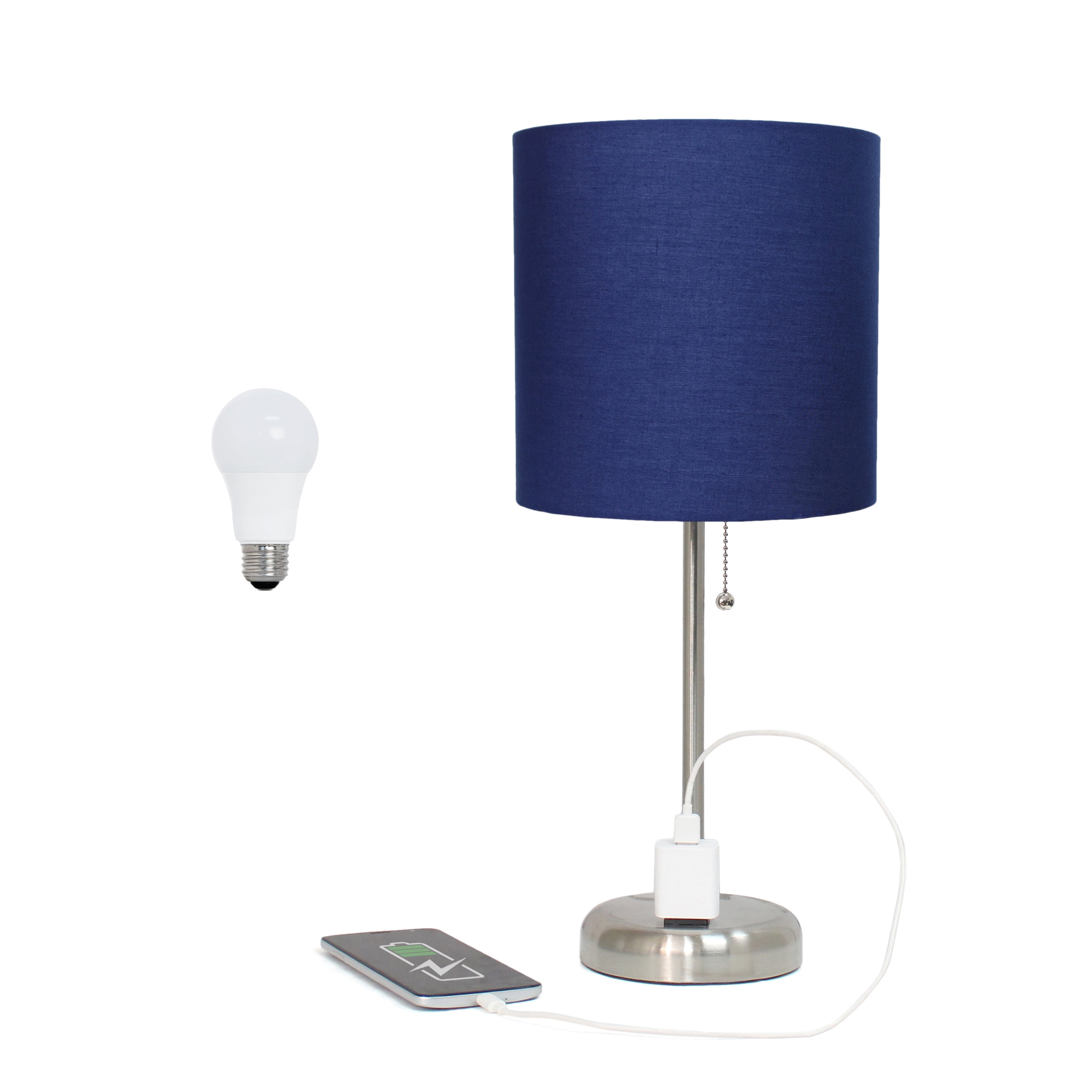 Creekwood Home 19.5" Brushed Steel Lamp with Charging Outlet, Navy Blue Shade & LED Bulb