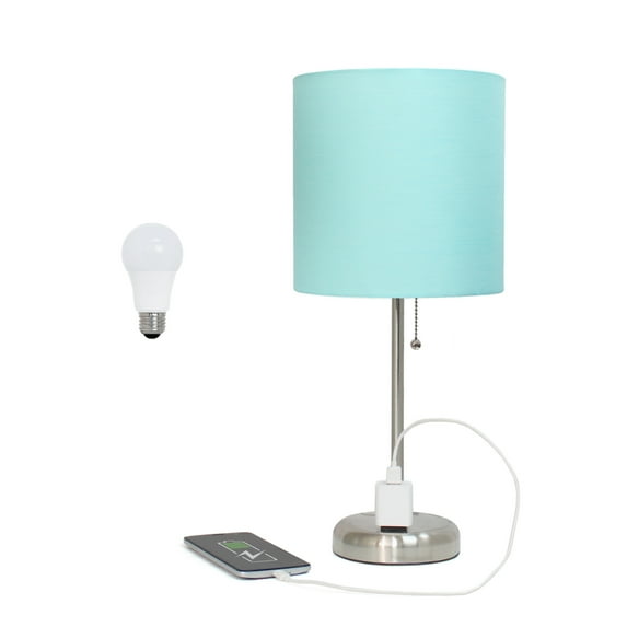 Creekwood Home 19.5" Brushed Steel Table Lamp with Charging Outlet, Aqua Shade & LED Bulb