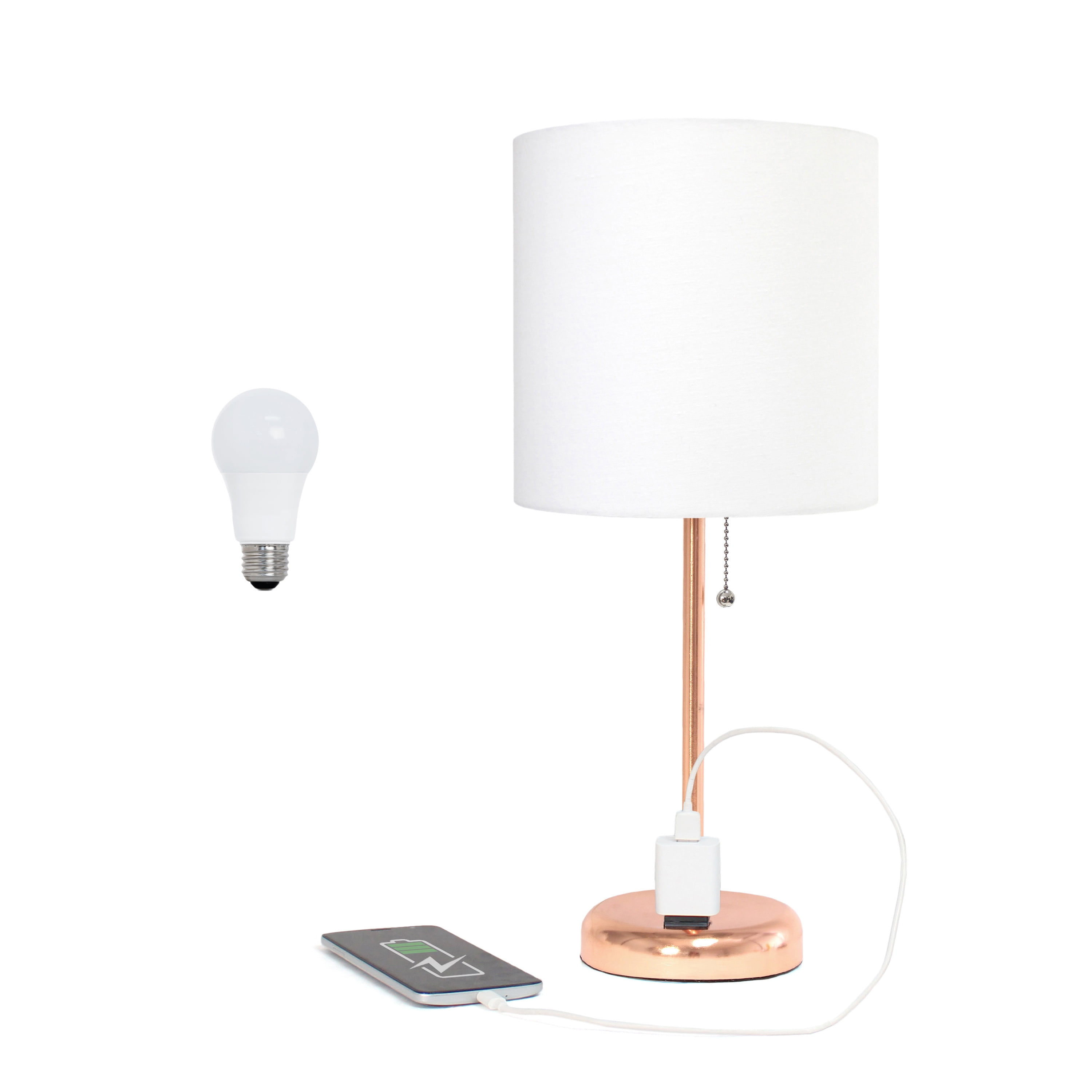 19.5" Rose Gold Metal Table Lamp with White Fabric Shade and Power Outlet