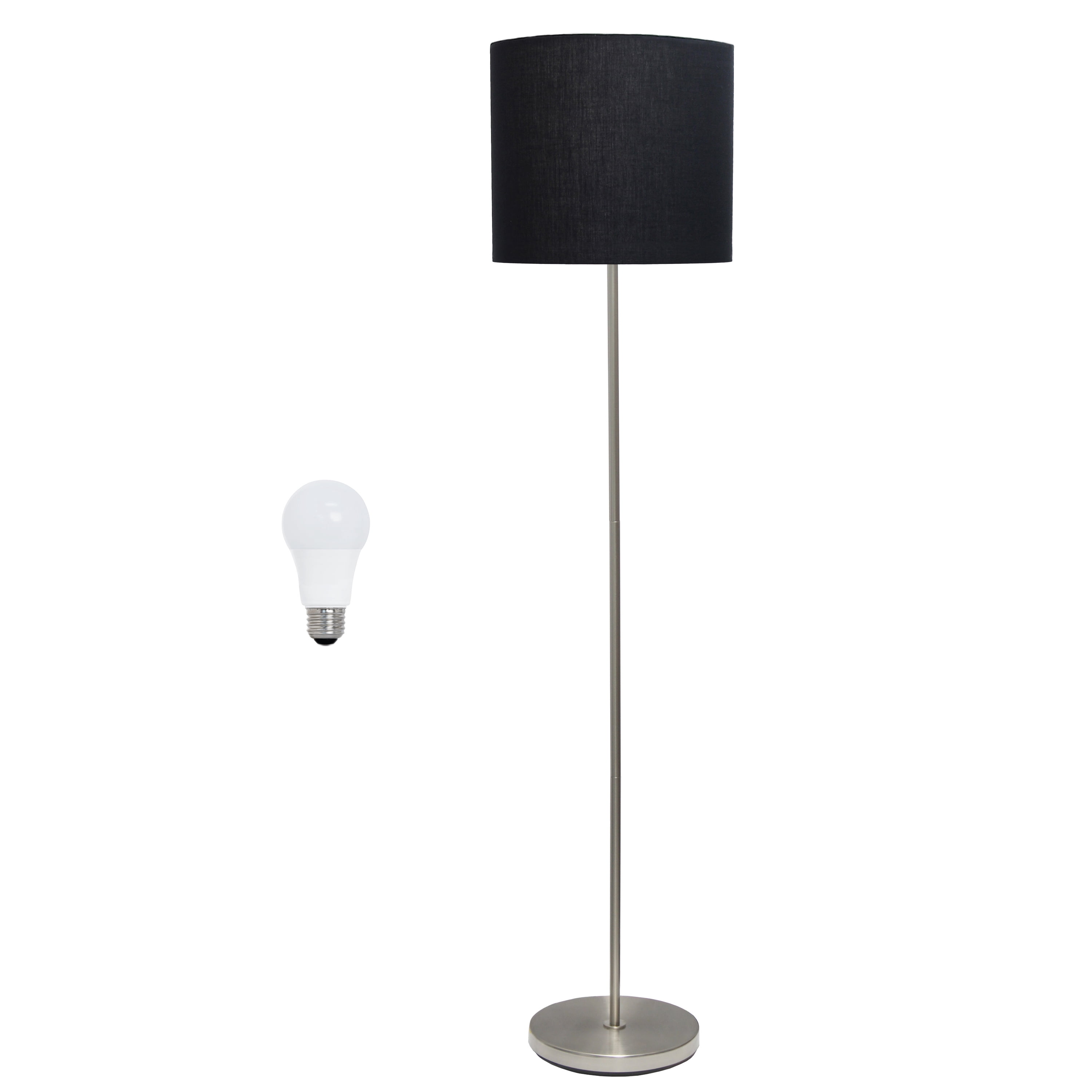 Creekwood Home 57" Contemporary Classic Brushed Nickel Floor Lamp w/ LED Bulb, Black Shade
