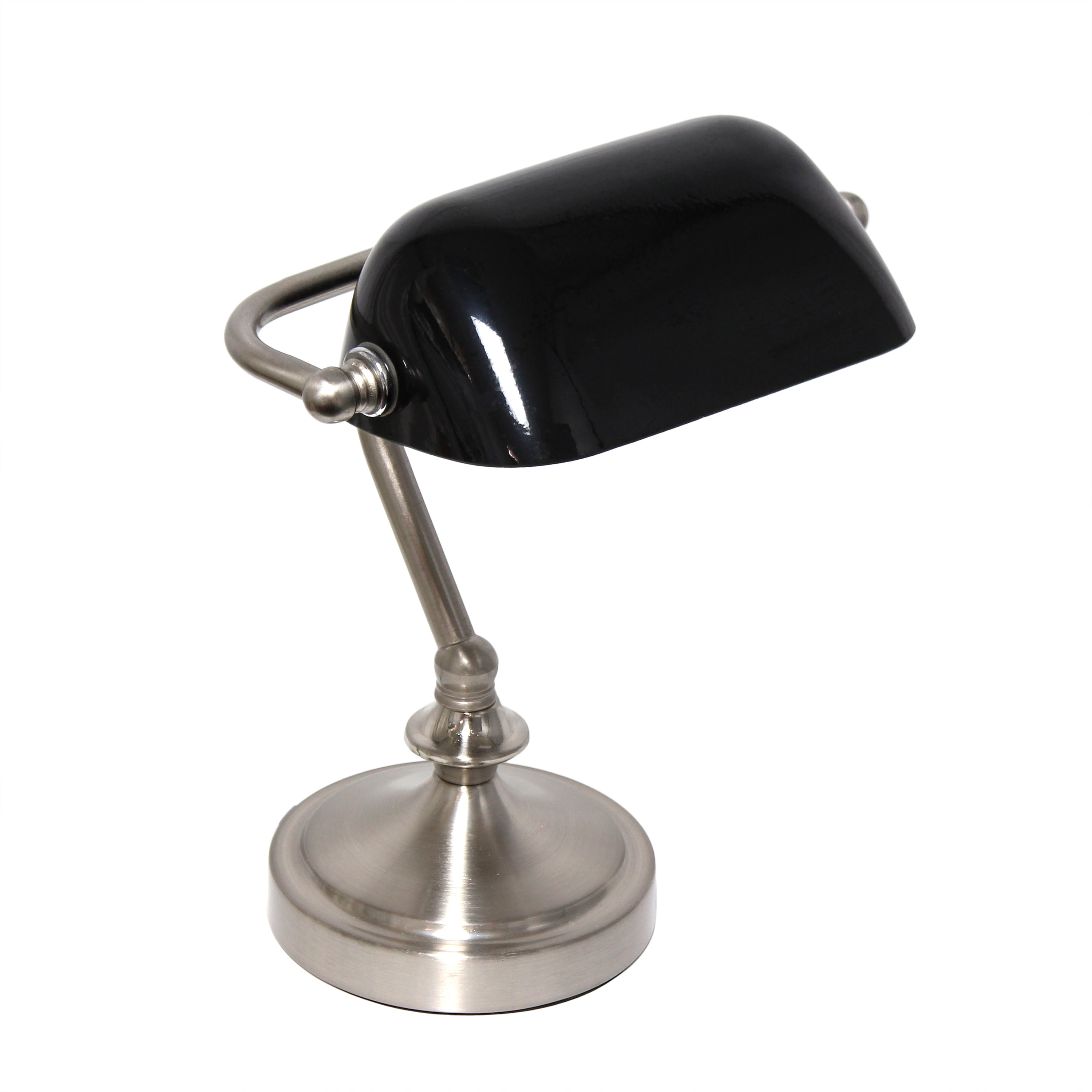 Petite Brushed Nickel Bankers Table Lamp with Black Glass Shade