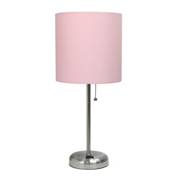 Creekwood Home Oslo 19.5" Contemporary Bedside Power Outlet Base Standard Metal Table Desk Lamp in Brushed Steel with Light Pink Drum Fabric Shade for Home Décor, Bedroom, End Table, Living Room, Dorm