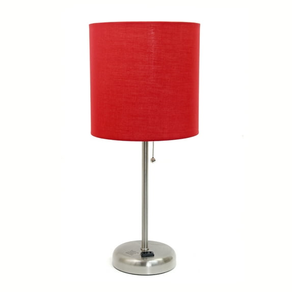 Creekwood Home Oslo 19.5" Contemporary Bedside Power Outlet Base Standard Metal Table Desk Lamp in Brushed Steel with Red Drum Fabric Shade for Home Décor, Bedroom, End Table, Living Room, Dorm