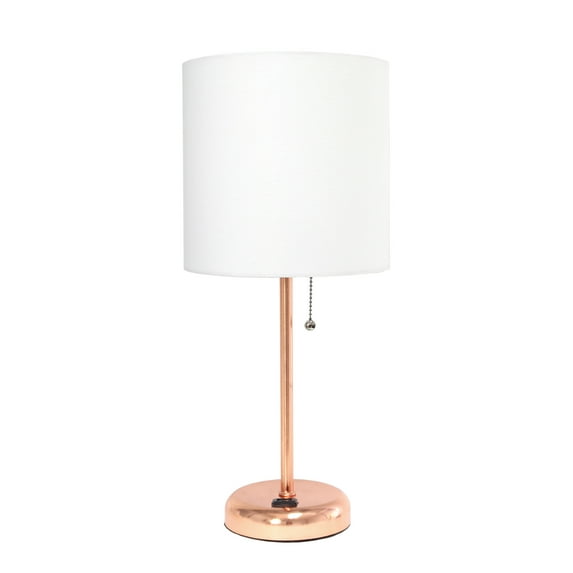 Creekwood Home Oslo 19.5" Contemporary Bedside Power Outlet Base Standard Metal Table Desk Lamp in Rose Gold with White Drum Fabric Shade for Home Décor, Bedroom, End Table, Living Room, Dorm, Office
