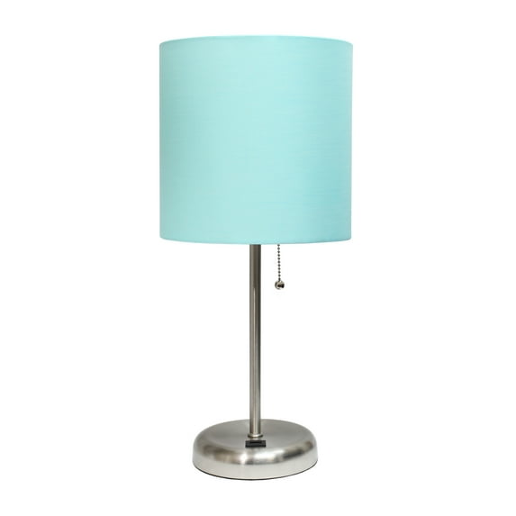 Creekwood Home Oslo 19.5" Contemporary Bedside USB Port Feature Standard Metal Table Desk Lamp in Brushed Steel with Aqua Drum Fabric Shade for Home Décor, Bedroom, End Table, Living Room, Dorm
