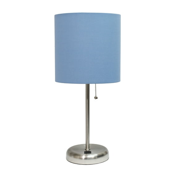 Creekwood Home Oslo 19.5" Contemporary Bedside USB Port Feature Standard Metal Table Desk Lamp in Brushed Steel with Blue Drum Fabric Shade for Home Décor, Bedroom, End Table, Living Room, Dorm