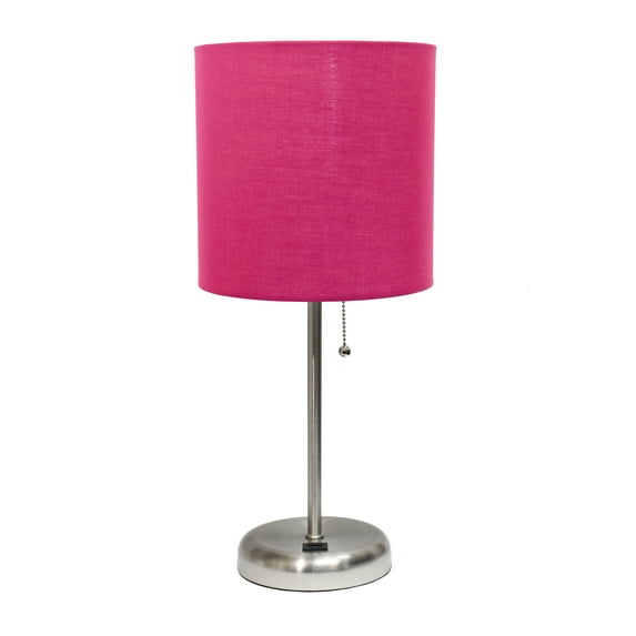 Creekwood Home Oslo 19.5" Contemporary Bedside USB Port Feature Standard Metal Table Desk Lamp in Brushed Steel with Pink Drum Fabric Shade for Home Décor, Bedroom, End Table, Living Room, Dorm