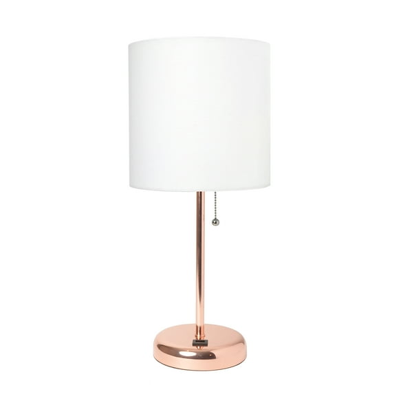 Creekwood Home Oslo 19.5" Contemporary Bedside USB Port Feature Standard Metal Table Desk Lamp in Rose Gold with White Drum Fabric Shade for Home Décor, Bedroom, End Table, Living Room, Dorm, Office