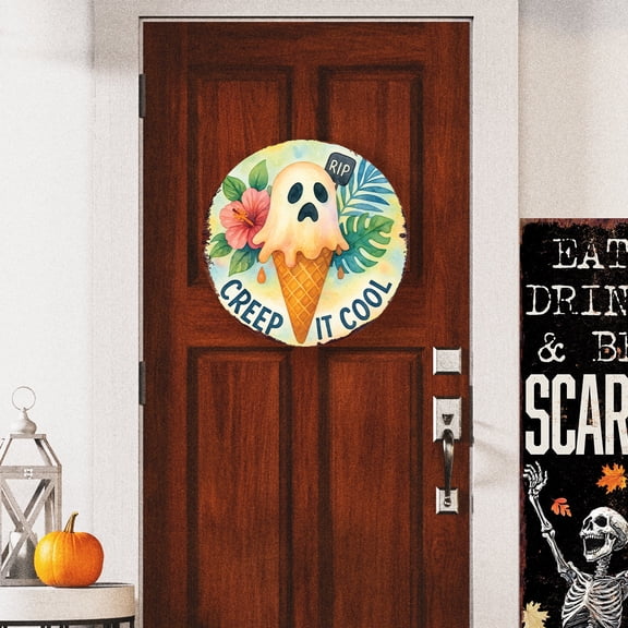Whimsical Summerween Ghost Ice Cream Door Hanger | Cute Halloween Porch Sign