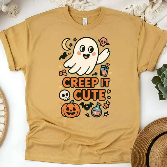 Creep It Cute Shirt | Funny Ghost Graphic Tee | Unisex Casual T-Shirt, Gold, Size 2XL