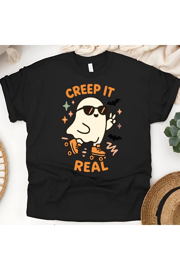 Creep It Real Ghost Graphic Tee | Funny Cute T-Shirt for Women, Black, Size M