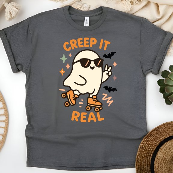 Creep It Real Ghost Graphic Tee | Funny Cute T-Shirt for Women, Dark Heather, Size M