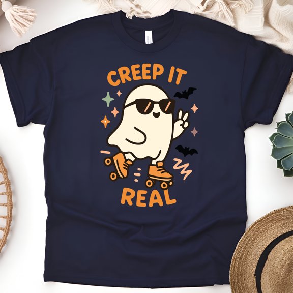 Creep It Real Ghost Graphic Tee | Funny Cute T-Shirt for Women, Navy, Size M