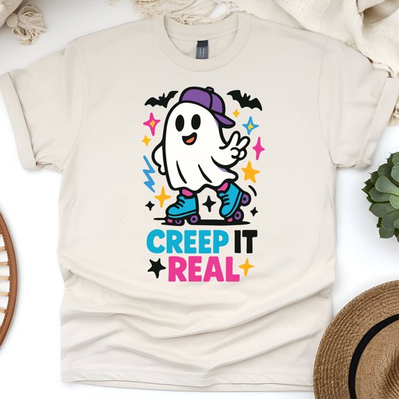 Creep It Real Ghost T-Shirt | Funny Unisex Spooky Outfit, Natural, Size M