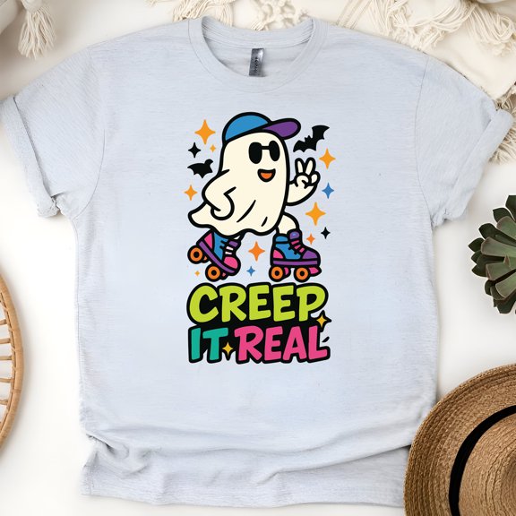 Creep It Real Ghost T-Shirt | Unisex Spooky Season Outfit, Ash, Size 2XL