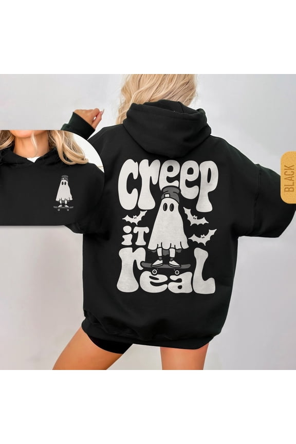 Creep It Real Hoodie, Unisex Retro Ghost Halloween Pullover, Funny Graphic Skateboarder Gift Black