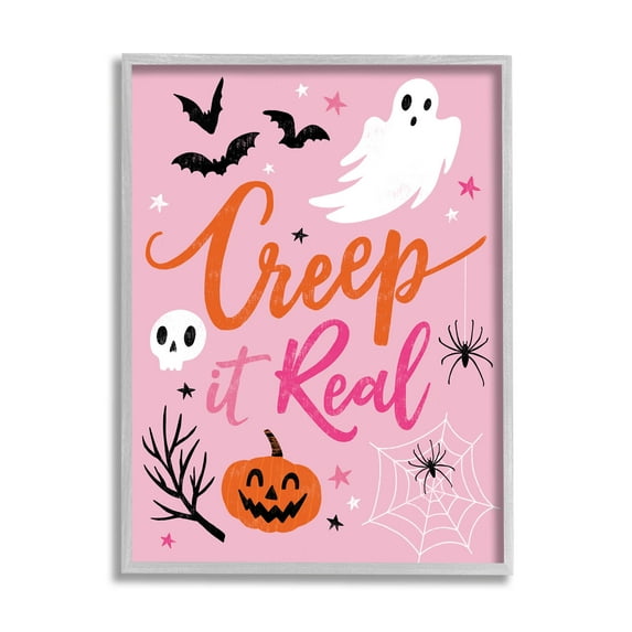 Creep It Real Pink Halloween Phrase Holiday Graphic Art Gray Framed Art Print Wall Art