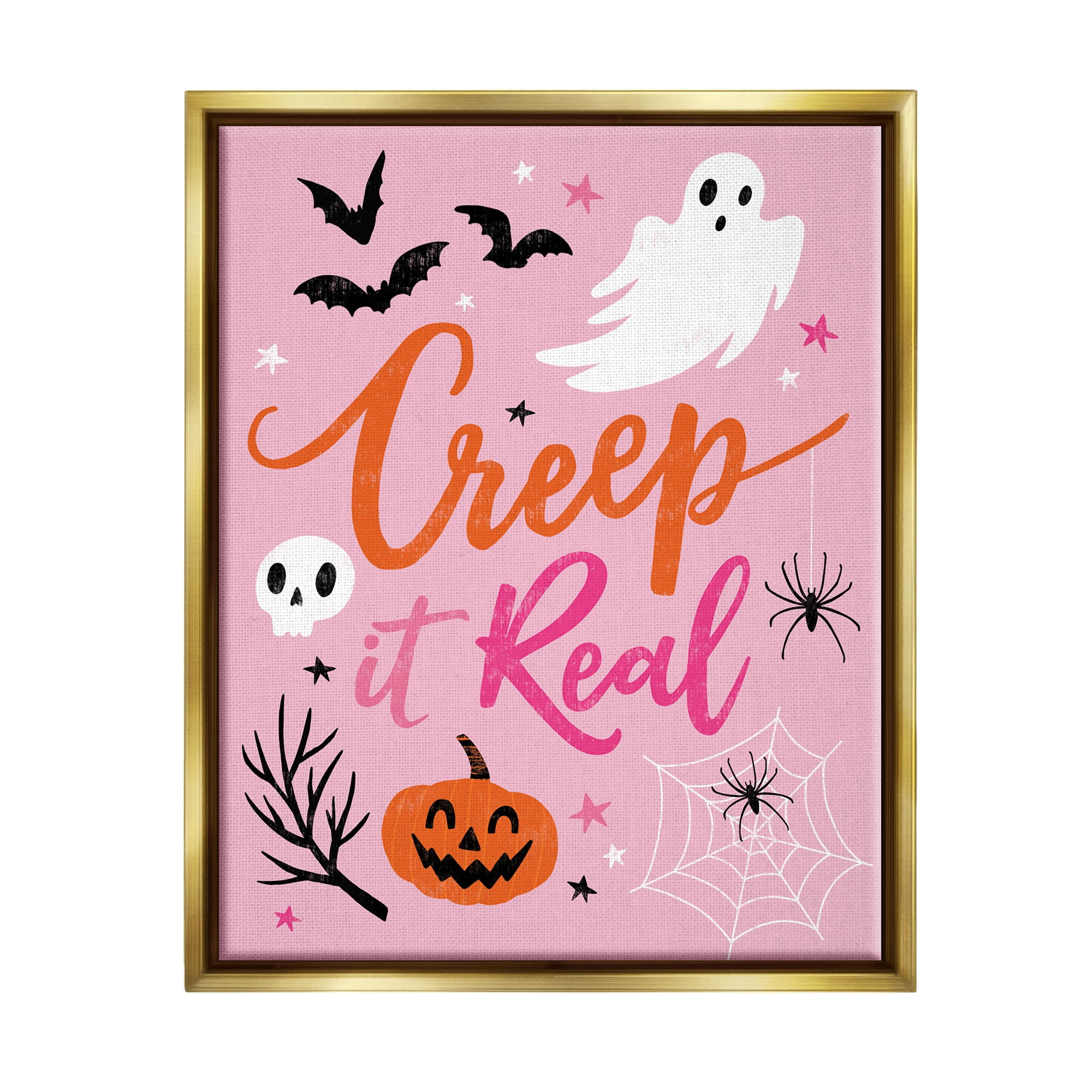 Creep It Real Pink Halloween Phrase Holiday Graphic Art Metallic Gold Framed Art Print Wall Art