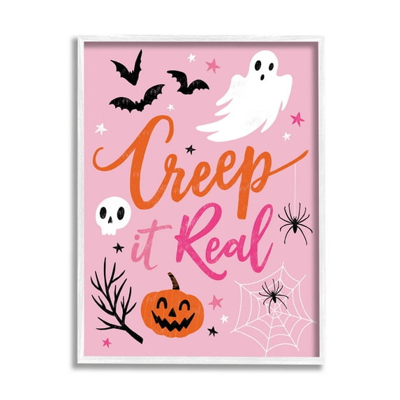 Creep It Real Pink Halloween Phrase Holiday Graphic Art White Framed Art Print Wall Art