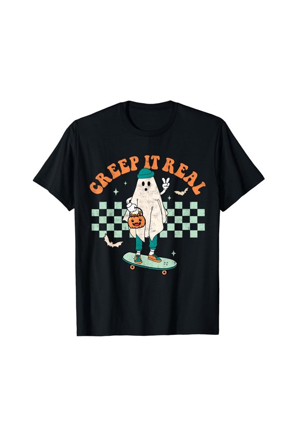 Creep It Real Retro Halloween Groovy Spooky Season Ghost Men Women Short Sleeve T-Shirt Black Casual Tee