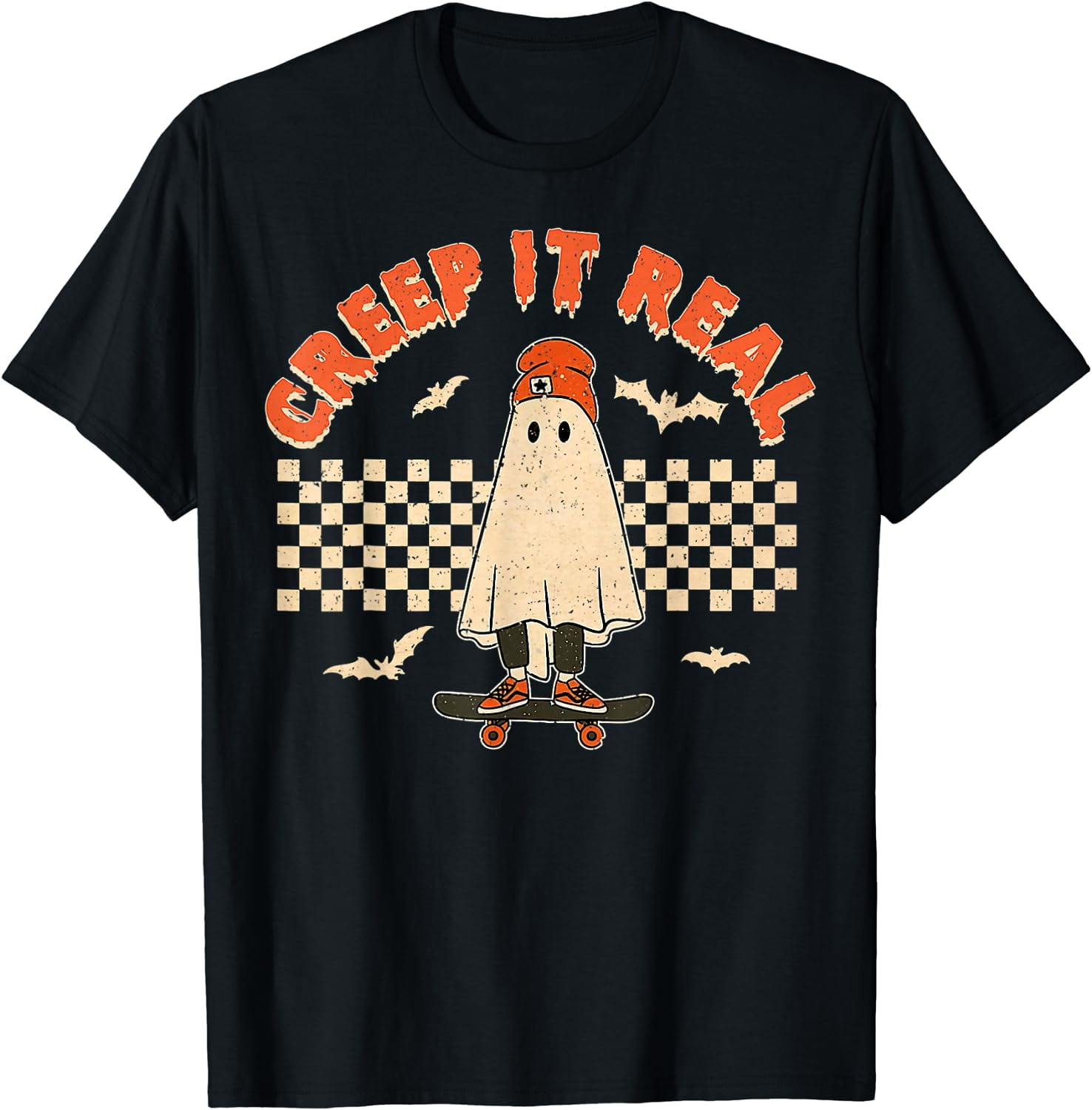 Creep It Real Skateboarding Ghost Retro Halloween Costume T-Shirt Black ...