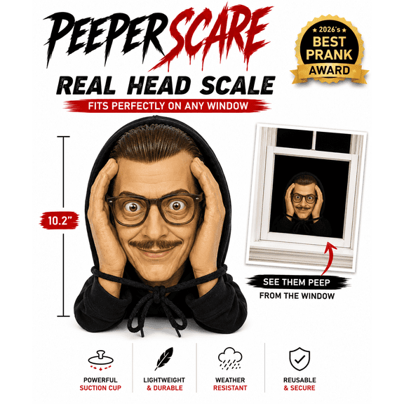 Creep Peeper Window Scare Decoration, 10.2in Real Head Scale Hooded Man with Glasses Halloween Prank Prop, Suction Cup Window Peeker Ornament, Weather Resistant Spooky Decor for Home Party
