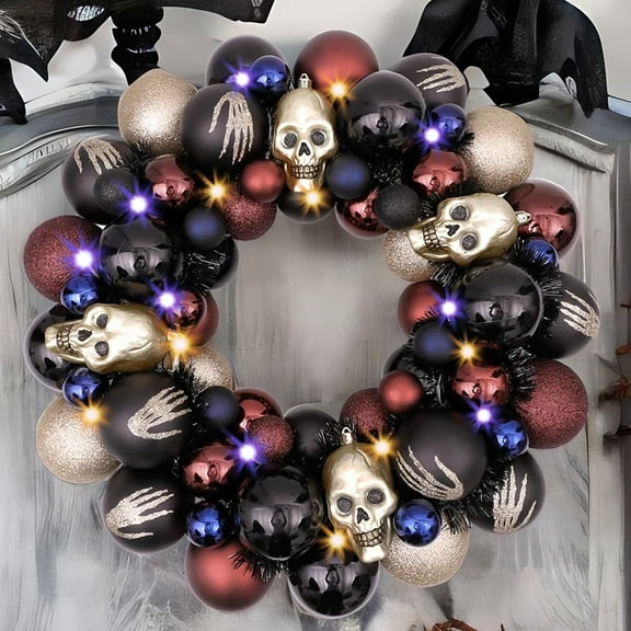 Creep and Glitter Spooky Wreath with Skeleton Skull Baubles, Black, Maroon and Gold Colors with Shiny Glitter
