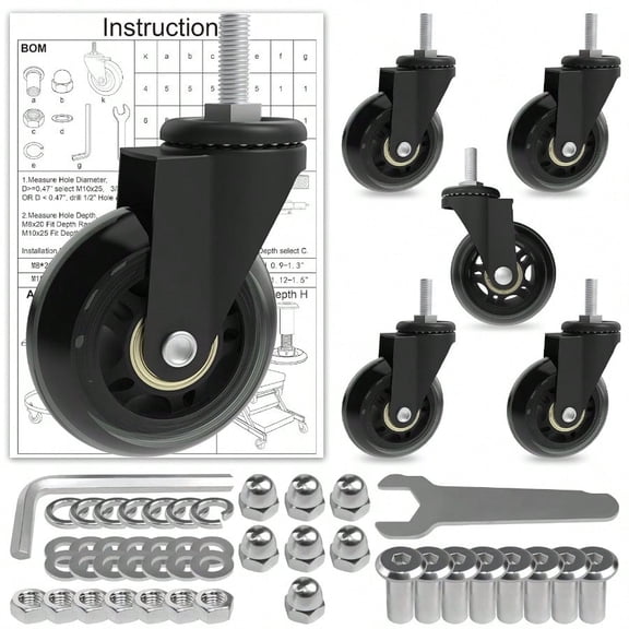 Creeper Caster Wheels Set Of 6  Swivel Casters HeavyDuty 2.5 Inch Castor Replacement For Creeper Service Cart Stool Post Mount 360 Degree No Noise Safe For Hardwood Floors Carpet