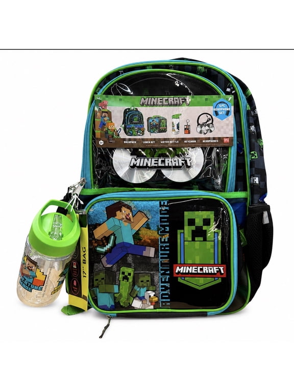 Creeper Minecraft unisex 16" 5 piece back pack lunchboc water bottle headphones bag