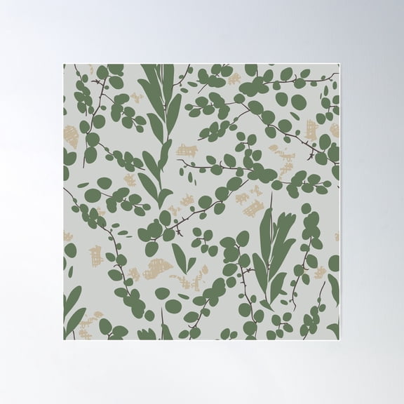 Creeper Plant Repeat Background Grey Pyrrosia Piloselloides Poster Wall Art, Modern Wall Decor For Living Room Bedroom, 24x24 UNFRAMED